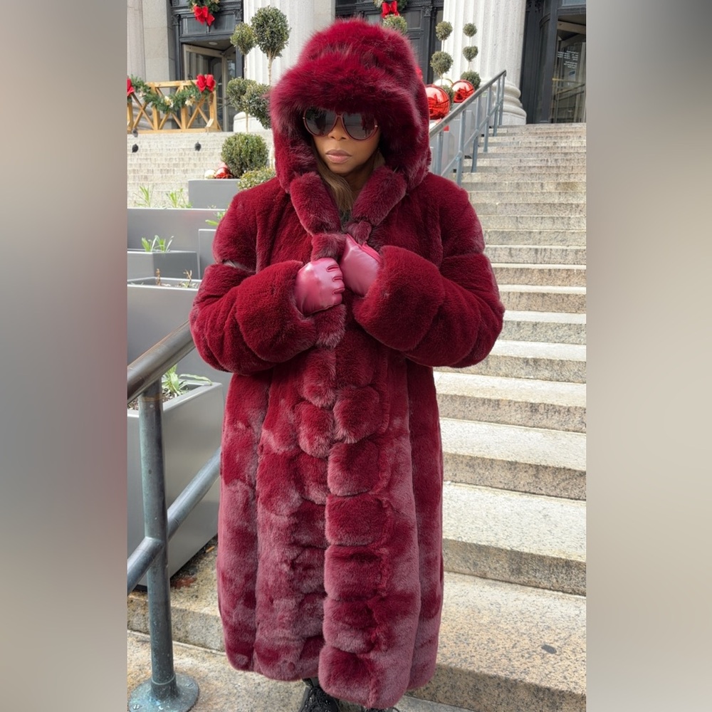 Luxurious Burgundy Faux Fur Coat With Hood